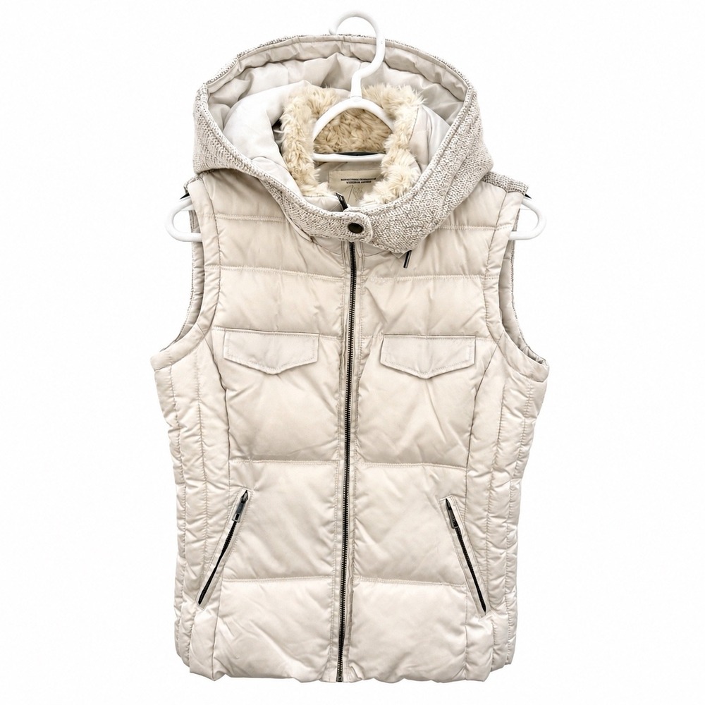 Zara Trafaluc Quilted Puffer Vest Beige‎ SZ Large Removable Hood Faux Fur Collar